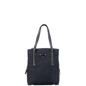 Prada triangular logo plate tote bag shoulder black nylon leather